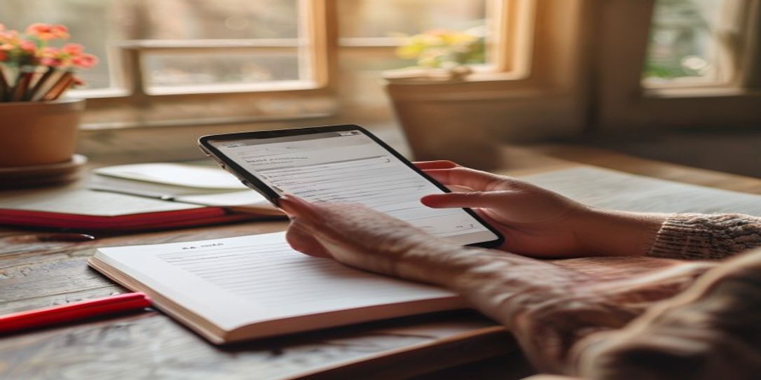 Hands holding a smartphone with an online store checkout form, next to an open notebook with a red pen