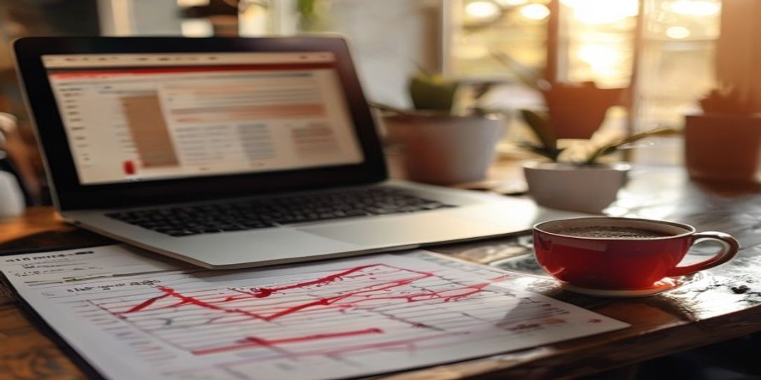 A conversion specialist's desk with a printed analytics checklist, red pen annotations and a laptop showing an ecommerce dashboard