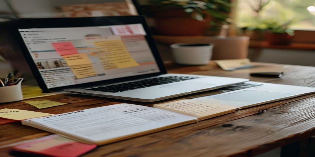 A laptop on a wooden desk showing an ecommerce product page, with sticky notes on the screen edge and a notebook with handwritten notes